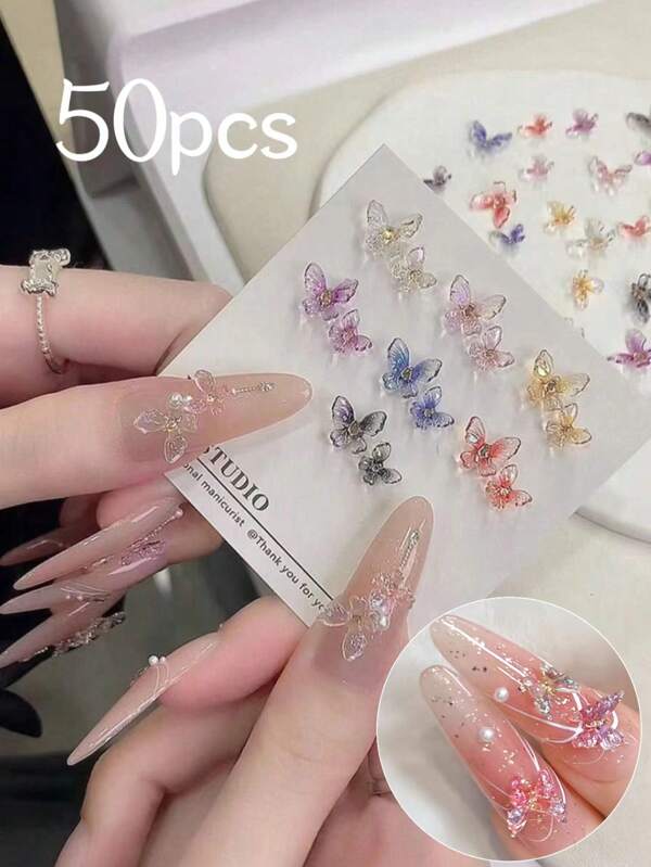 50 Stück/Hochwertige glänzende 3D Nail Dekorationen, schillernde Schmetterlingsform, Sommer Mode Nail Dekorationen, DIY Mini Universal, Nail Art Zubehör/Nail Dekorationen Nägel Nail Charms Nail Gems
