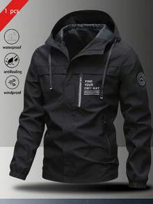 1pc Men's Lightweight Windproof Waterproof Hooded Jacket With Letter Print, Suitable For Casual Outdoor Hiking Camping Workout, Autumn/Winter