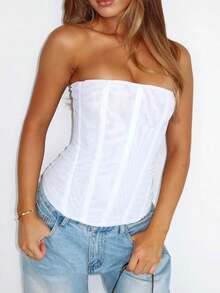 Women's Vintage Strapless Corset Tops Zip Back Boned Mesh Bustier Bodyshaper Tube Top - 白色 - 查看 1