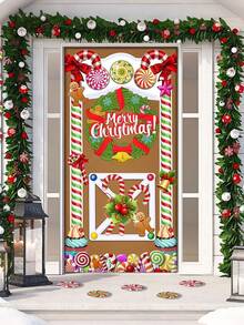 6ft*3ft-Christmas Door Cover Decoration Christmas Wreath Candy Front Door Cover Xmas Hanging Banner Christmas Wreath Candy Background For Home Holiday Christmas Decoration Christmas Photo Props