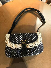 Túi xách chấm bi phong cách Hàn Quốc Back To School màu tương phản, thích hợp cho sinh viên đại học, túi đeo chéo, túi vải bố chấm bi cao cấp, túi đi học cho nữ - màu đen - Xem 6