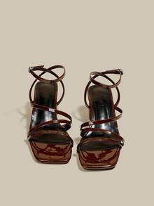 Women's Coffee Brown High Heel Sandals, Criss-Cross Open Toe Lace-Up Chunky Heel Strap Sandals, Summer Shoes