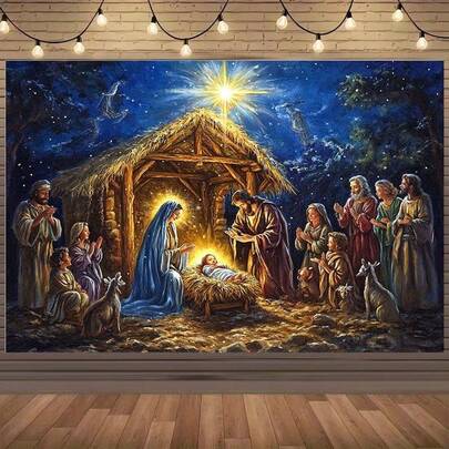 2D 耶稣诞生场景挂毯 - 以玛丽、约瑟夫和伯利恒之星为特色，耐用聚酯纤维宗教派对装饰，适合洗礼、圣餐、圣诞节和户外庆祝活动，无需电源，高品质印刷，星夜效果，家庭聚会装饰