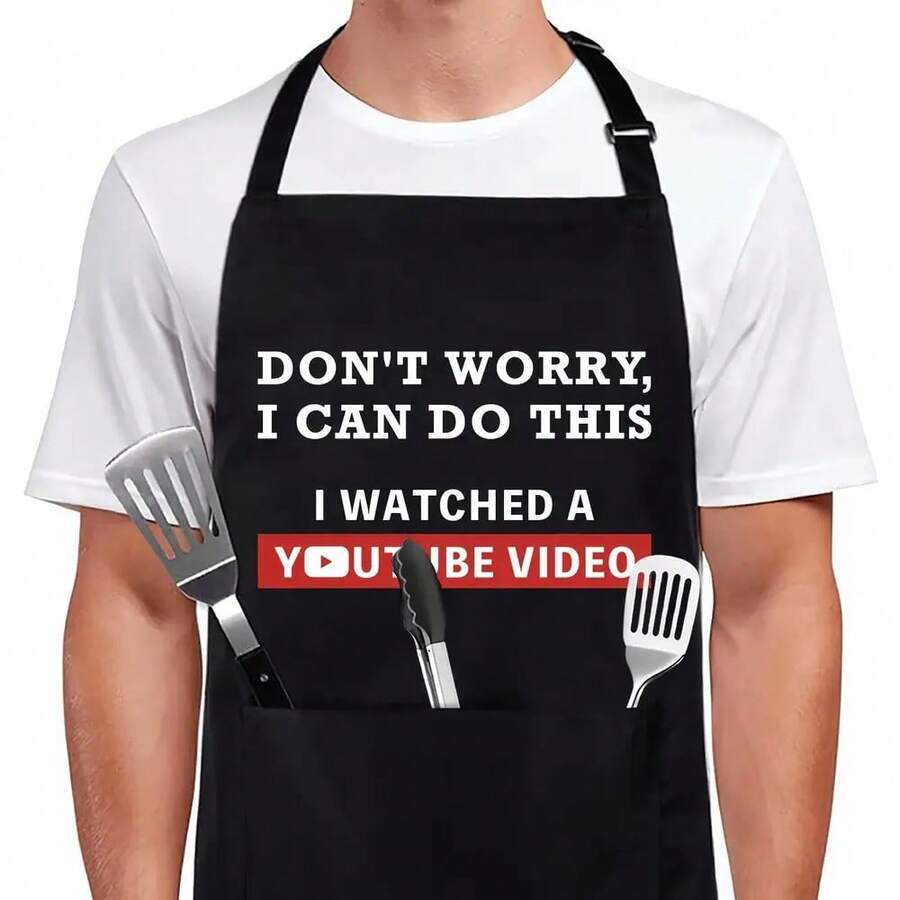 Funny Video Slogan Apron - Adjustable Chef Apron With Logo Design, Suitable For Everyone's Cooking, Perfect For BBQ, Grilling, Kitchen - Gift For Dad, Mom, YouTuber - Themed Chef Apron - màu đen - Xem 1