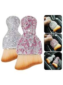 1pc Rhinestone Embellished Car Interior Crevice Brush, Short Soft Bristles Clean Air Conditioner Vent, Cleaning & Beauty - Black - View 2