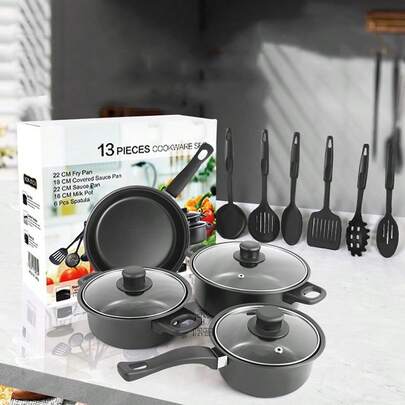 13pcs/Set Nonstick Cookware Set With Lids, Pots, Pans, Spatula, Saucepan, Frying Pan, Marble Coating