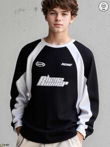 Teens/Boys' Loose Letter Print Raglan T-Shirt, Contrast Color Design, Fashionable & Stylish, Crew Neck Long Sleeve Top, Suitable For Spring/Autumn/Winter - Black - View 4