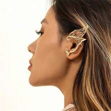 2pcs Elf Ear Jewelry, Butterfly Fairy Wing Ear Stud & Clip Combo, Fashionable Vintage Accessories For Daily Wear Halloween - Gold - View 3