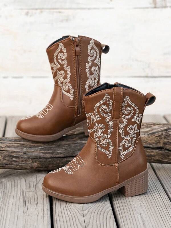 Girls' Embroidered PU Leather Square Toe Mid-Calf Boots, Western Cowgirl Style Suitable For Outdoor Activities