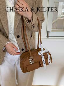 1件 CHAIKA & KILTER 女士纯色PU皮革单肩包，时尚复古多口袋大容量波士顿保龄球包，带拉链封口，适合日常和户外使用（附赠吊坠） - 咖啡 - 查看 5