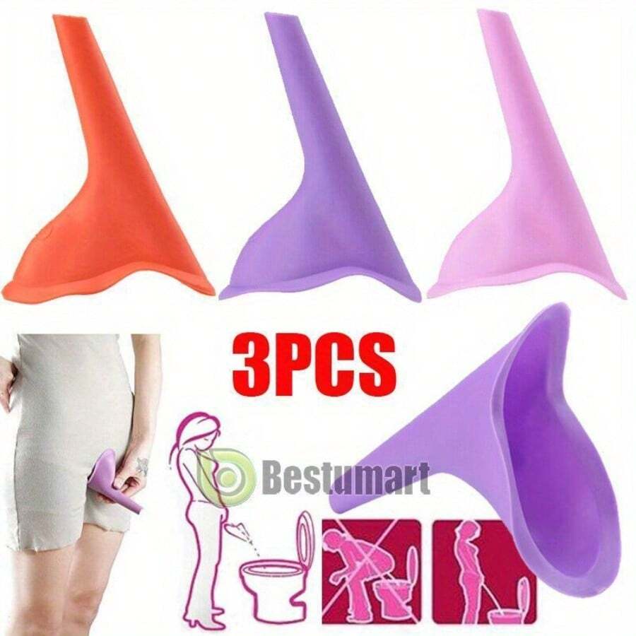 [Reusable Urinal] 3pcs Reusable Silicone Portable Urinal For Women | Leak-Proof, Foldable & Hygienic Design For Camping, Hiking, Travel - Long Spout, Toiletry Travel Bag (Purple, Orange, Pink) - 顏色隨機(3件) - 查看 1