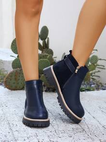 秋冬女士时尚 Y2K 侧拉链假日休闲度假扣环踝靴 - 寶藍色 - 查看 4