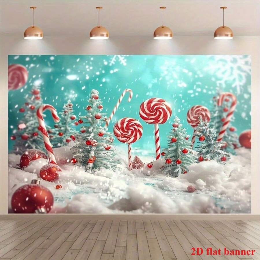 1pc Polyester Christmas Backdrop, Holiday Wall Decor With Snow Christmas Tree, Candies, Lollipops, Red Ornaments And Blue Sky Design, Suitable For Living Room, Outdoor Decoration And Photography Studio, No Power Needed, Hanging Installation, Universal Holiday Use