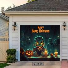 2D Flat, 1 Piece Halloween Party Backdrop With Pumpkin, Candle And Smiling Zombie Design - Scary 2D Flat Decor, Suitable For Indoor Celebration, No Electricity Required, Polyester Material, Halloween Decoration, Halloween Party Decor, Holiday Tabletop Arrangement, 2D Flat