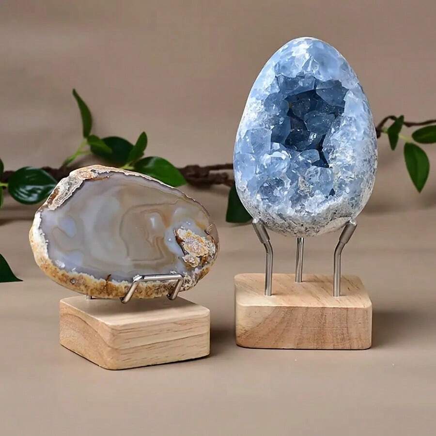 Vintage Holz- und Metall-Mineralienständer, geeignet für Steine, Kristalle und Geoden - elegante Heimdekoration, glatte weiße Basis und tiefdrahtiger blauer Metall - perfektes Geschenk für Feiertage oder tägliche Präsentation, Steinausstellungsbox