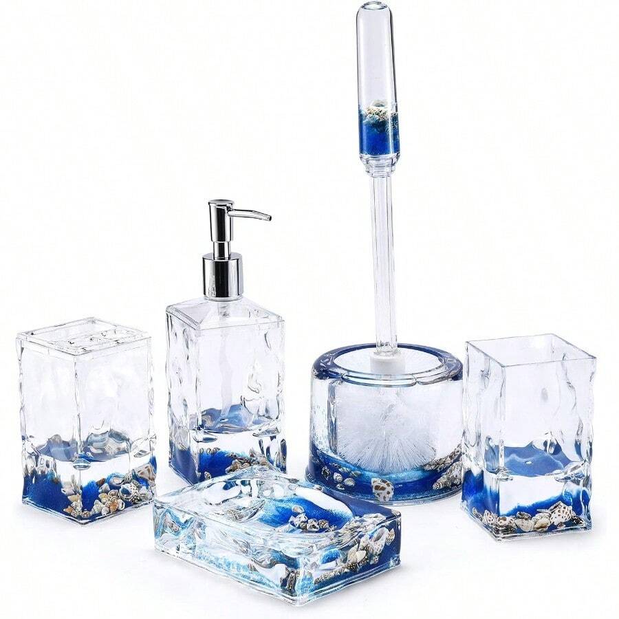 Juego de 5 piezas de accesorios de tocador de baño con movimiento flotante 3D de acrílico líquido con diseño de concha - Caparazón - Ver 1