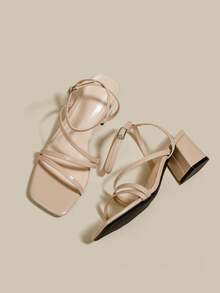 女式杏色高跟凉鞋，交叉露趾系带粗跟凉鞋，夏季鞋 - 杏色 - 查看 3