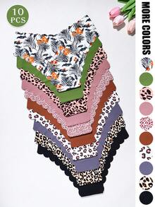 Paquete de 10 bragas sin costuras para mujer con borde ondulado escalonado, de nailon y spandex transpirable, con talla grande de 10 diseños (estampados tropicales/leopardo/florales y lisos) para comodidad todo el día, moda, yoga y fitness