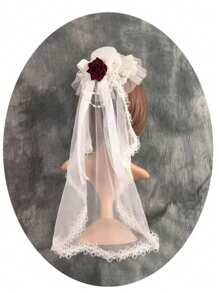 1pc Vintage Bridal Tea Party Headpiece - Floral Lace Veil With Red Rose Accents, Korean/Japanese Style Wedding Photography Parade Accessory, Hand Wash Only Polyester Hair Decor Halloween