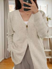Plus Size Fashionable Minimalist Elegant Versatile Button Cardigan Knit Sweater - Light Brown - View 3