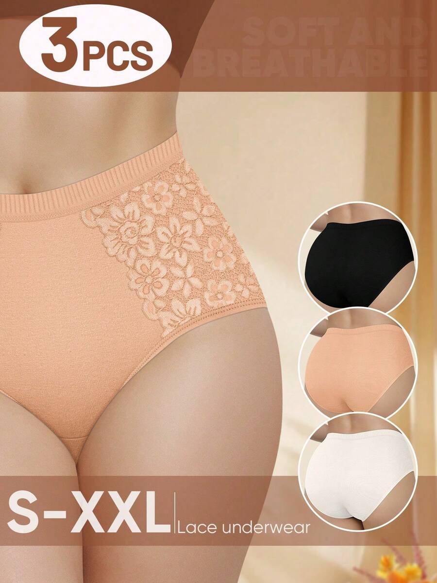 MEIYATING 3 件高腰塑身女士内裤，蕾丝花边三角内裤，控制腰部，柔软透气
