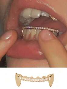 1pc Fashionable Women's Rhinestone Tooth Grill With Lower Fang Design, Perfect For Party/Nightclub Wear, Comes With Tooth Glue, Shiny Stage Prop - Gold - View 2