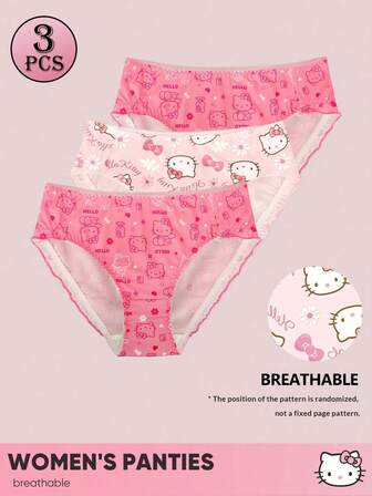 Sanrio 3 st/pack Sanrio Kitty Cat-trosor med tryck, låg/mellanhög midja, damunderkläder