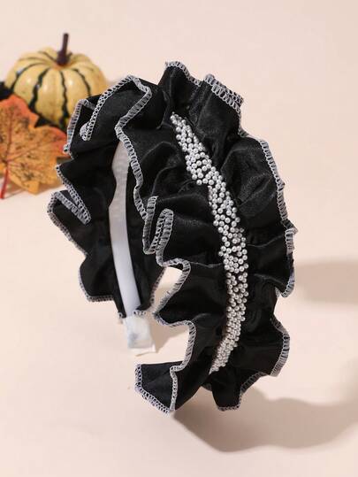 1pc Girls' Halloween Black Lace Pearl Headband, 3D Headband Suitable For Daily Decoration And Holiday Decoration