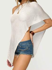 Women's Sheer Ponchos Off Shoulder Short Sleeve Solid Color T-Shirts Asymmetrical Knit Tops - White - View 2