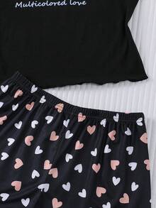 2 件儿童心形印花睡衣、少女吊带背心和短裤可爱家居服上衣，适合所有季节派对和休闲装 - 黑色 - 查看 5