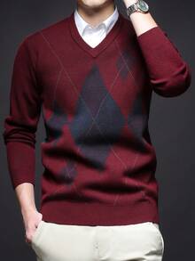 Men's Thick Round Neck Sweater, Business Casual Jacquard Knitted Long Sleeve Top, Suitable For Layering Or Outerwear, Plaid & Striped Pattern, Autumn/Winter - Red - View 6