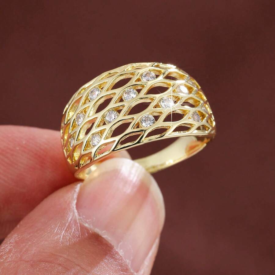 1pc Minimalist Hollow Geometric Design Cubic Zirconia Inlaid Women Ring - Multicolor - View 1