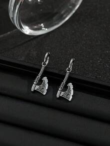 1 Pair Gothic Punk Silver Skull & Viking Axe Pendant Earrings, Suitable For Halloween And Cosplay - Antique Silver - View 7
