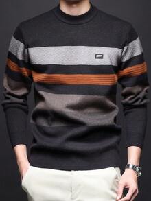 男士厚圆领毛衣，商务休闲提花针织长袖套头衫，适合分层穿着或外套，秋冬