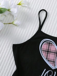 2 件女童心形格子印花睡衣套装，包含吊带背心和短裤，可爱舒适，适合青少年，适合所有季节、派对和休闲穿着 - 彩色 - 查看 5