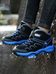 1 双儿童高帮雪地靴，保暖内衬加厚保暖户外靴，狼牙扣防滑登山鞋，男童女童冬季鞋 - 黑藍色 - 查看 6