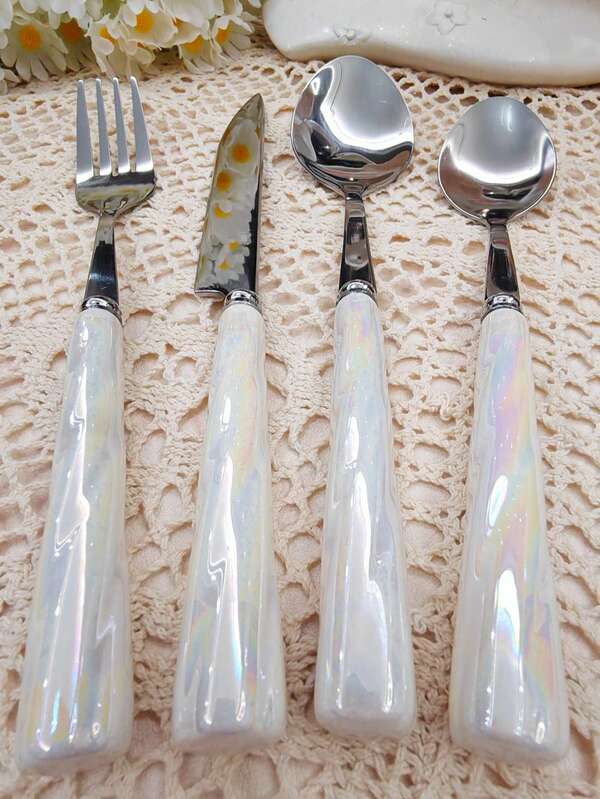 4/24 قطعة مجموعة أدوات مائدة من الفولاذ المقاوم للصدأ مع مقابض خزفية جميلة، تشمل سكين ستيك، شوكة، ملعقة حلوى، ملعقة، تصميم أنيق وفريد، مناسبة للمنزل والمطعم والمطبخ والتناول اليومي وحفلات المناسبات