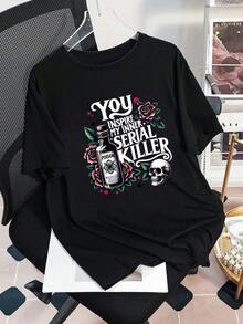 Plus Size Women's Summer Poison Bottle, Rose, Skull And Slogan Graphic T-Shirt - Black - View 2