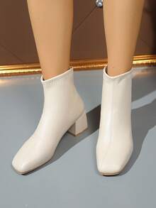 Square Toe Short Ankle Boots For Women, Autumn, Chunky Heel, Fashion Versatile, Soft Leather, Elastic Ankle Boots, High Heel - Beige - View 3