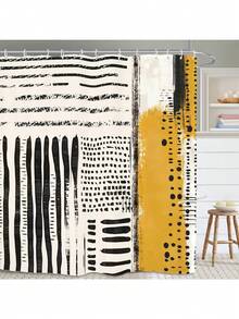 Abstract Geometric Neutral Bathroom Shower Curtain With Hooks, Minimalist Modern Tan Contemporary Striped Bathroom Decor Waterproof - 芥末黃黑色 - 查看 2