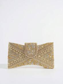 Túi cầm tay đính nơ đính đá sang trọng, túi dạ hội lấp lánh cho tiệc trang trọng và dạ tiệc - Vàng - Xem 3