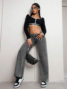Teen Girls' Casual Black & Gray Cat Whisker Striped Straight Leg Jeans - Grey - View 6