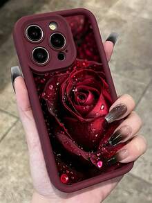 1 件酒红色水滴玫瑰花朵图案全覆盖 TPU 防震手机壳适用于 Apple 16、15、14、13、12、11 Pro Max 系列防水防摔防刮 - 彩色 - 查看 5