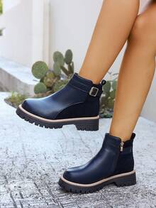 秋冬女士时尚 Y2K 侧拉链假日休闲度假扣环踝靴 - 寶藍色 - 查看 6