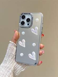 1pc Laser Heart Pearl Phone Case With Makeup Mirror, Compatible With IPhone 17/17 Air/17 Pro/17 Pro Max, Compatible With IPhone 16-7/Pro/Pro Max/Plus, S10-S25/Ultra/FE/Plus/Ultra, Compatible With Redmi, - Elegant Girly 3D Decor, Delicate & Cute Portable, Niche Design, Anti-Drop & Scratch,International Version, Not The Domestic Version - Silver - View 3