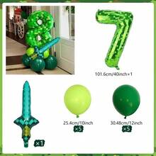 40 Inch Green Pixel Miner Themed Balloon Set, Diamond Sword Aluminum Film Balloon Jungle Game Event, Birthday Party Decoration