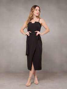 WUUW Tailored Midi Dress With Slit, Long Plain Casual Dress With Straps, Bow Detail, Simple, Zipper, Formal And Evening - màu đen - Xem 2