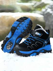 1 双儿童高帮雪地靴，保暖内衬加厚保暖户外靴，狼牙扣防滑登山鞋，男童女童冬季鞋 - 黑藍色 - 查看 3