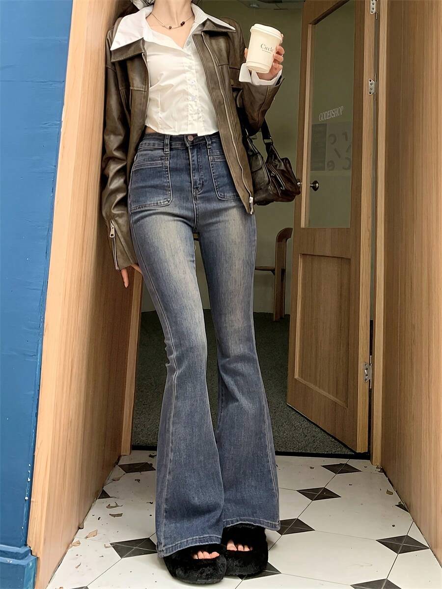 复古风格大口袋牛仔喇叭裤 - 復古藍色 - 查看 1