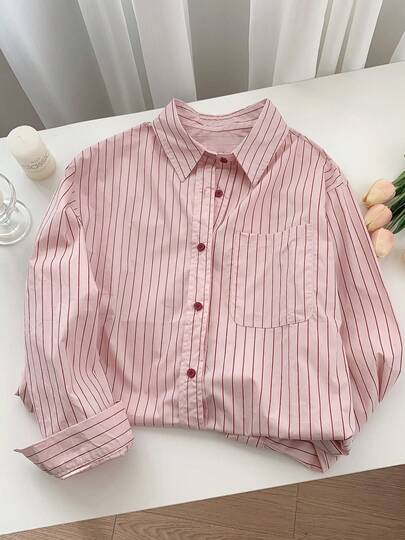 Women's Pinstripe Polo Collar Shirt, Vertical Striped Button-Down Blouse With Pocket, Versatile Home & Office Long Sleeve Top For Fall Winter Spring​